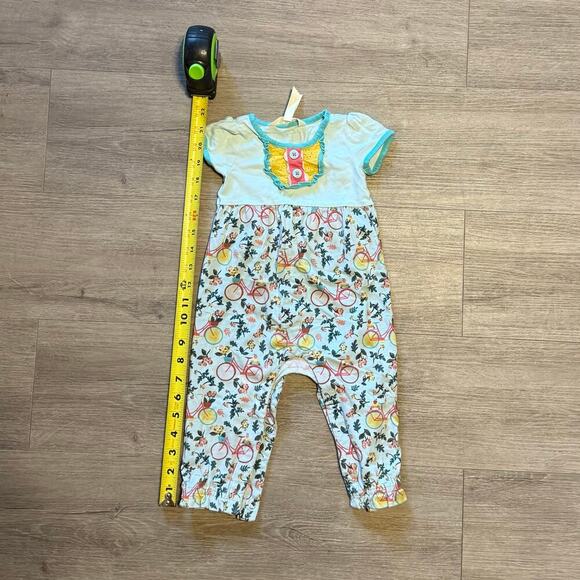 Matilda Jane 6-12 mo long pants romper snap bottom, bicycle/floral teal/yellow - Picture 5 of 6
